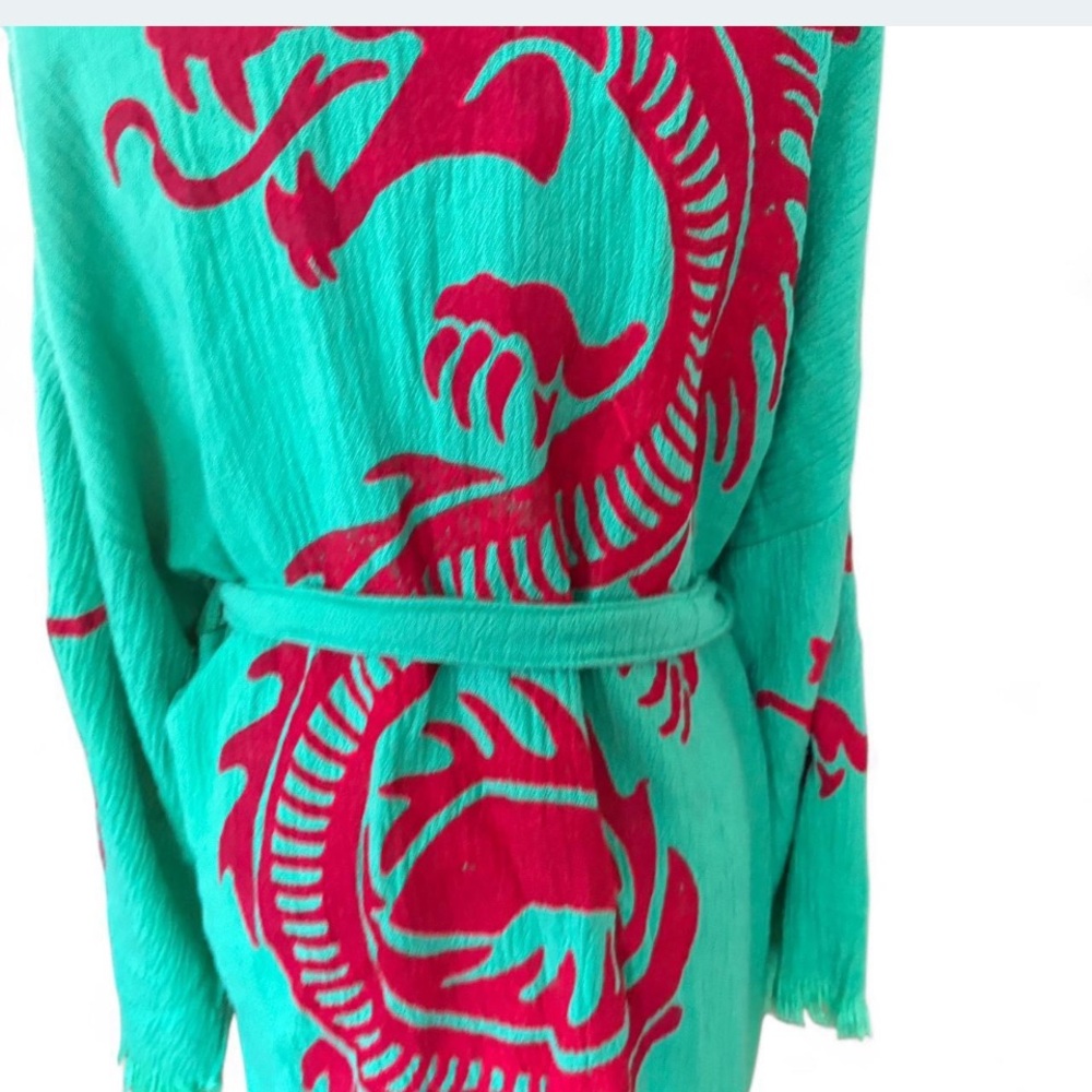 Handmade 100% 2 layers Muslin Cotton Green Kimono with Red Dragon Design - Picture 4 of 6